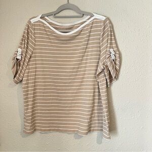 Women’s Casual Creamy Striped Top with buckled sleeves- everyday cozy wear